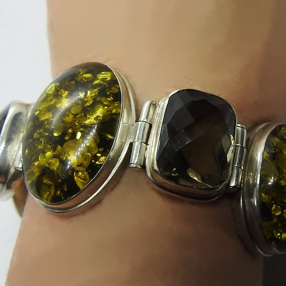Chunky Sterling Green Amber Smoky Quartz Bracelet